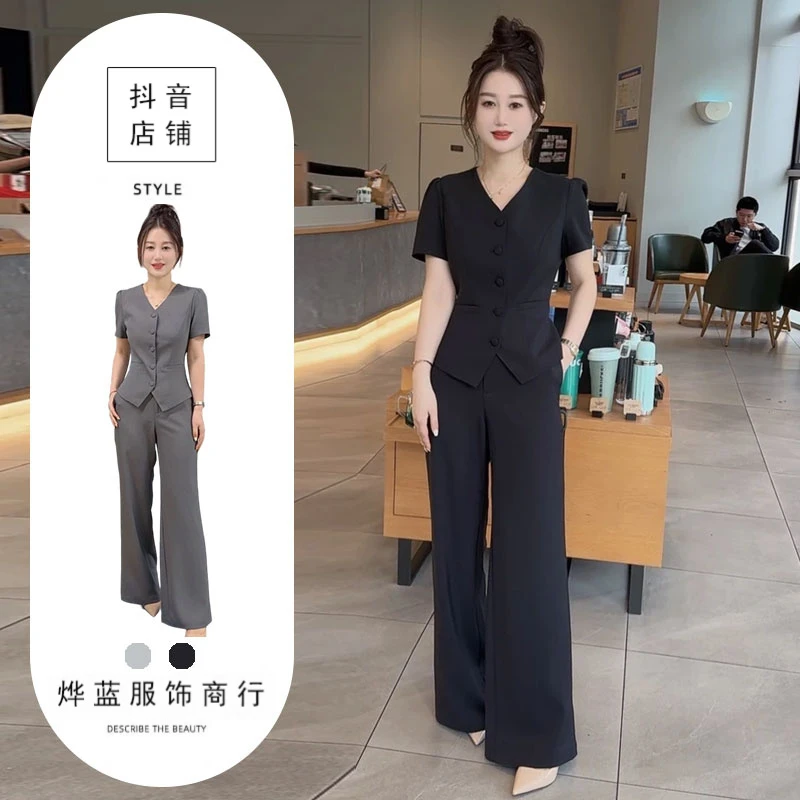 新款短袖短款两件套西装夏季套装夏装薄款气质职业西服外套小个子