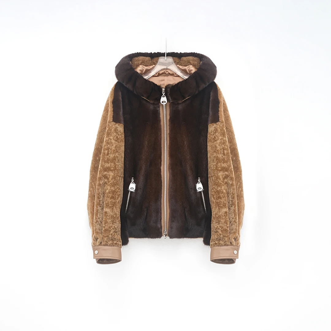 连帽皮毛一体水貂拼接防寒保暖皮草外套长袖冬季女外套 58102