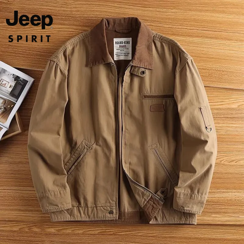 JEEP吉普美式复古底特律猎装夹克男士阿美咔叽重磅帆布翻领外套男