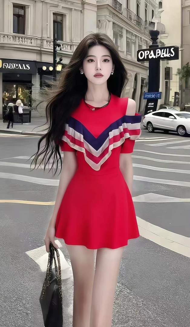 温柔纯欲风红色圆领修身短袖露肩收腰设计感连衣裙女小众高级女装