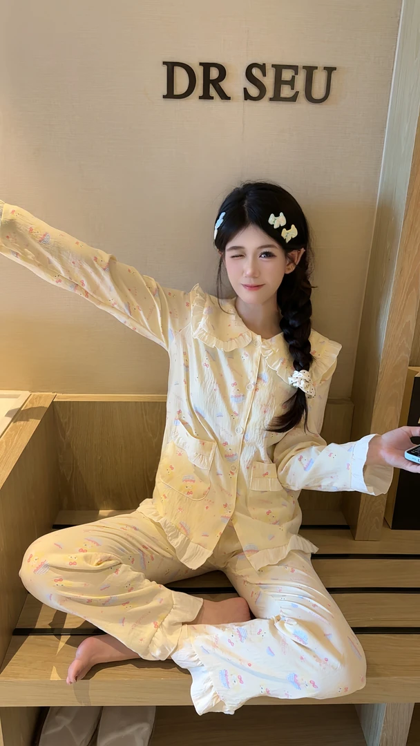 【无胸垫】长袖女常规款长裤甜美睡衣家居服套装家居服宽松薄款甜美