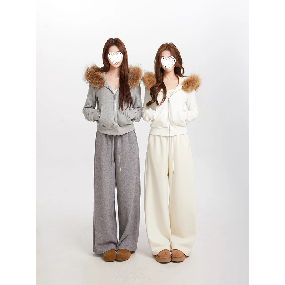 可拆卸毛领连帽开衫卫衣短款外套女+慵懒百搭休闲裤套装 81292