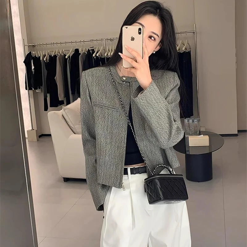 锡特帕第灰色短款拉链西装外套春秋洋气独特别致夹克又a又飒上衣