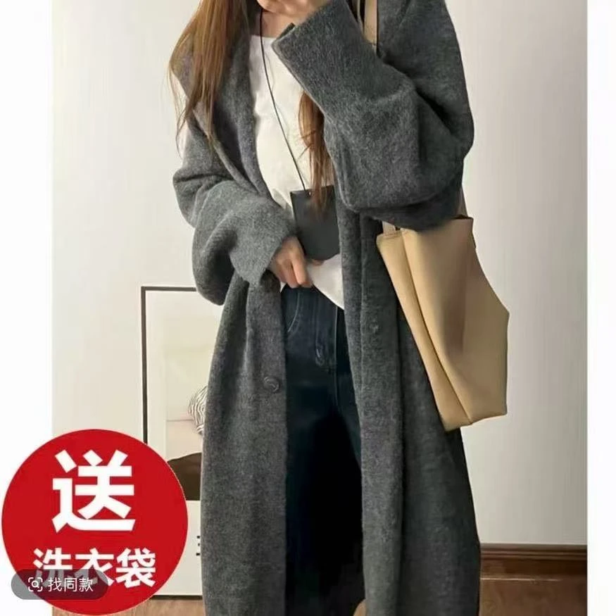 【送洗衣袋】秋季慵懒风长款毛衣开衫外套蝙蝠袖女连帽宽松韩版大衣