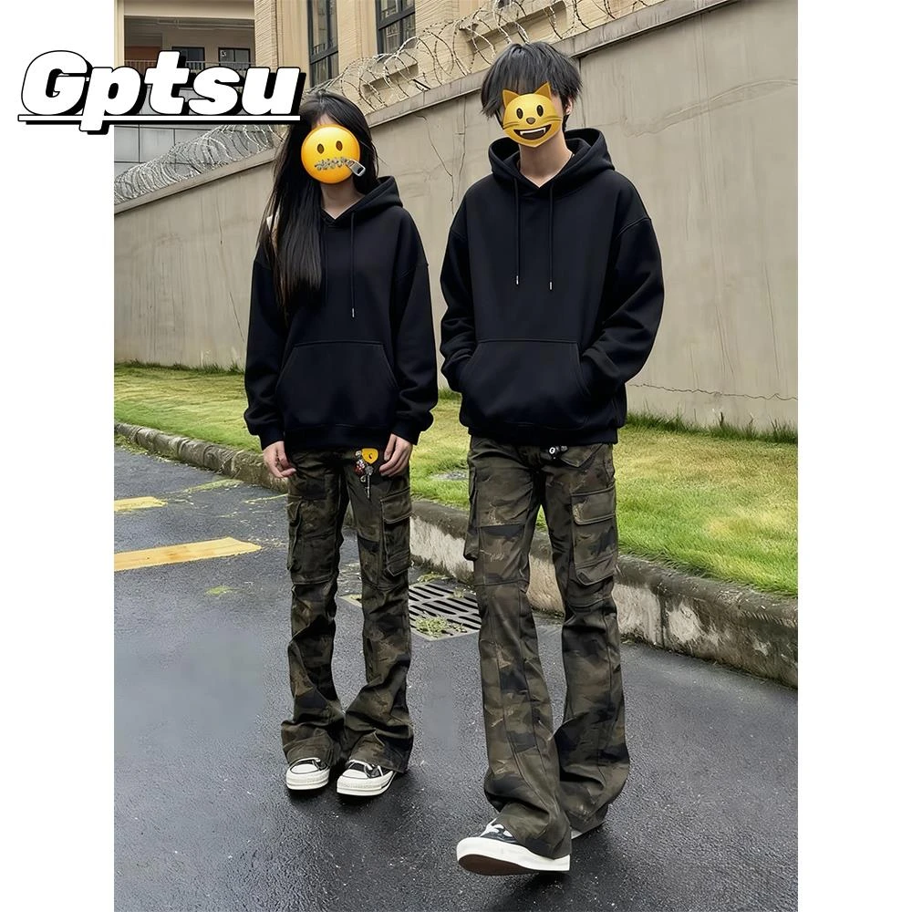 GPTSu美式复古迷彩工装裤男女秋冬新款加绒裤子直筒微喇牛仔裤潮