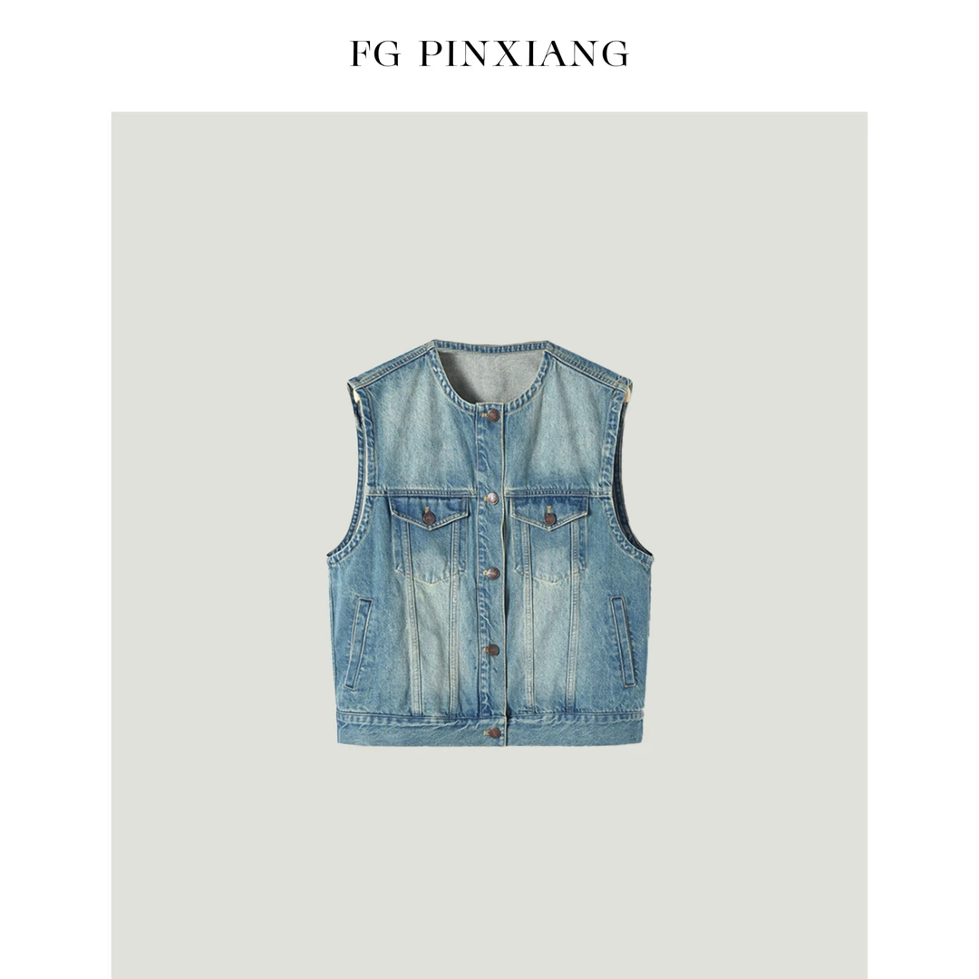 【凡哥PINXIANG】春季重工圆领做旧复古蓝牛仔马夹外套PX2402S1834