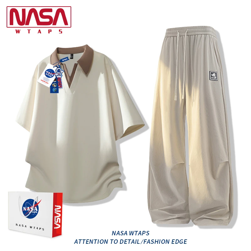 NASA WTAPS短袖套装男款夏季潮流polo衫翻领t恤搭配冰丝裤两件装