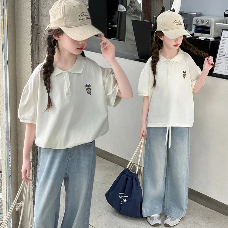 女童polo领衫夏季套装新款洋气时髦短袖t恤夏装宽松女大童牛仔裤