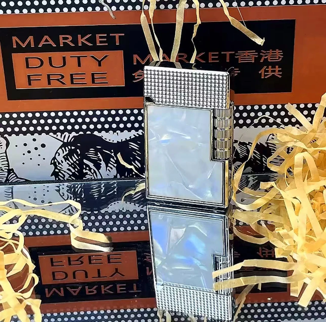 高档炫酷白贝朗声机侧滑砂轮充气贝壳打火机时尚