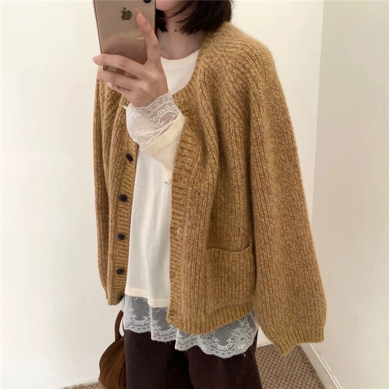 复古针织开衫春秋新款韩版口袋圆领花色线纱宽松毛衣外套女装