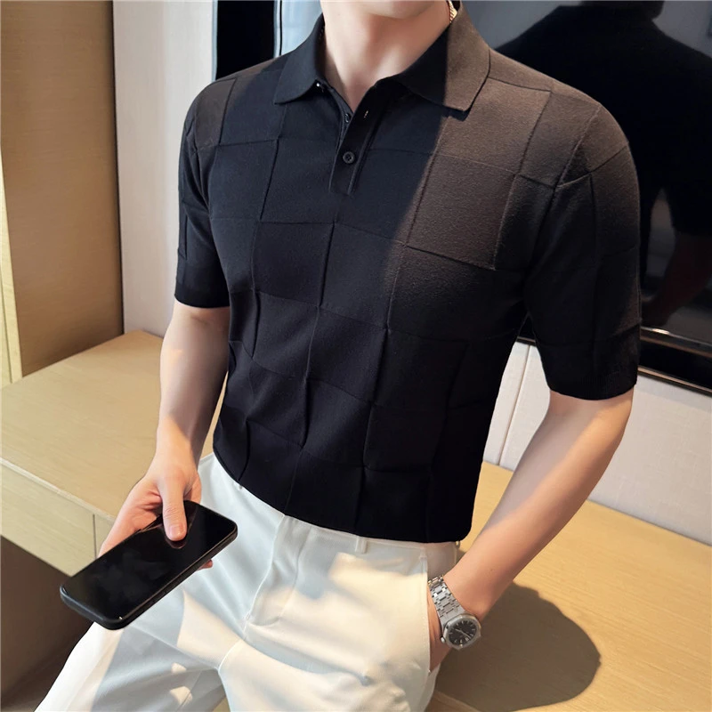 CATIA SELI高级感格子冰丝短袖POLO衫男士2025夏季新款针织半袖衫