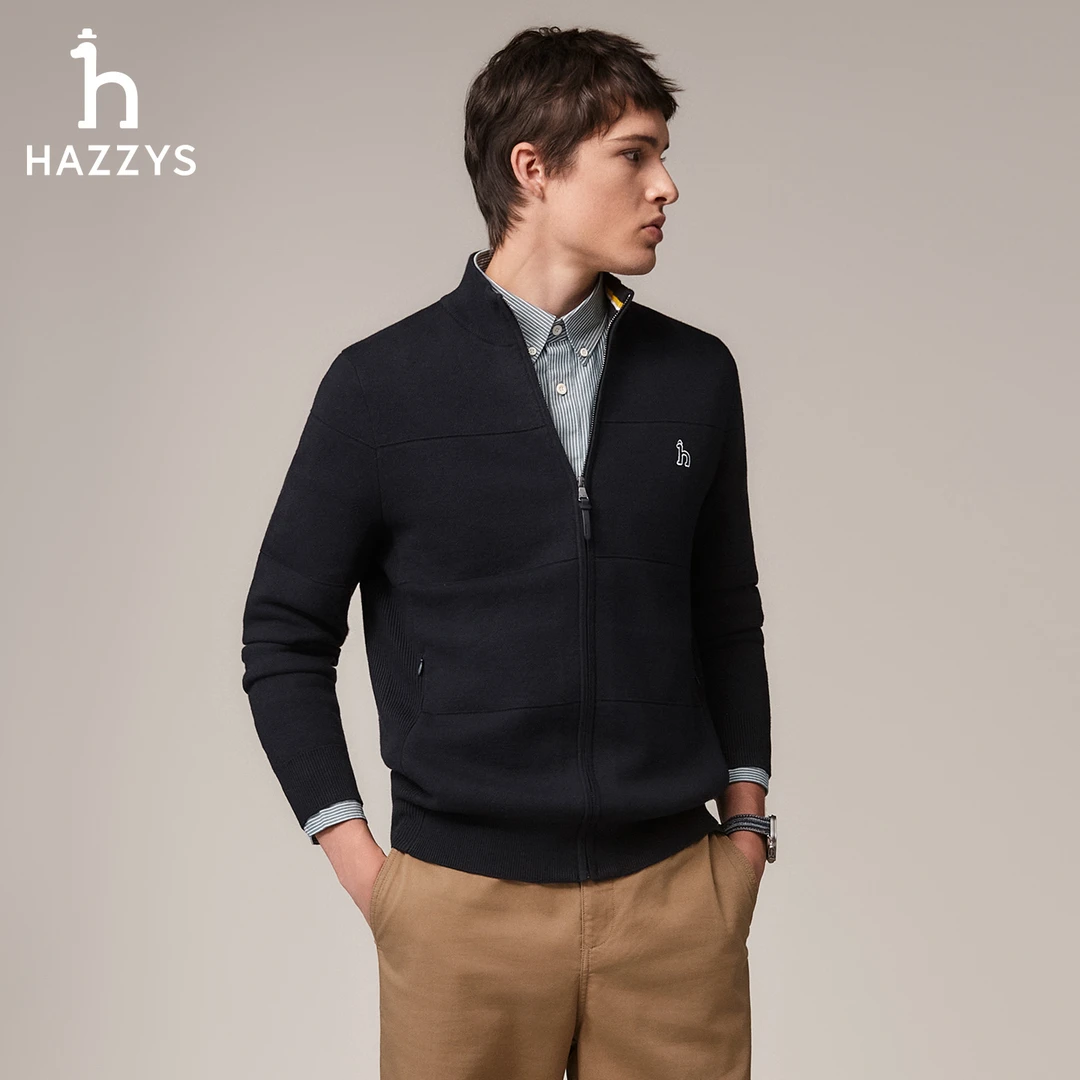 HAZZYS哈吉斯秋冬季男士拉链针织开衫毛衣时尚休闲通勤绵羊毛外套