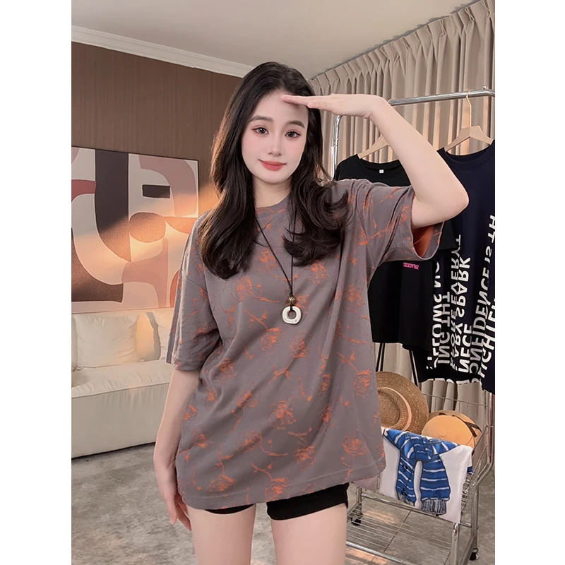 烧花玫瑰短袖T恤女2025夏季新款宽松遮屁股大版时尚休闲百搭