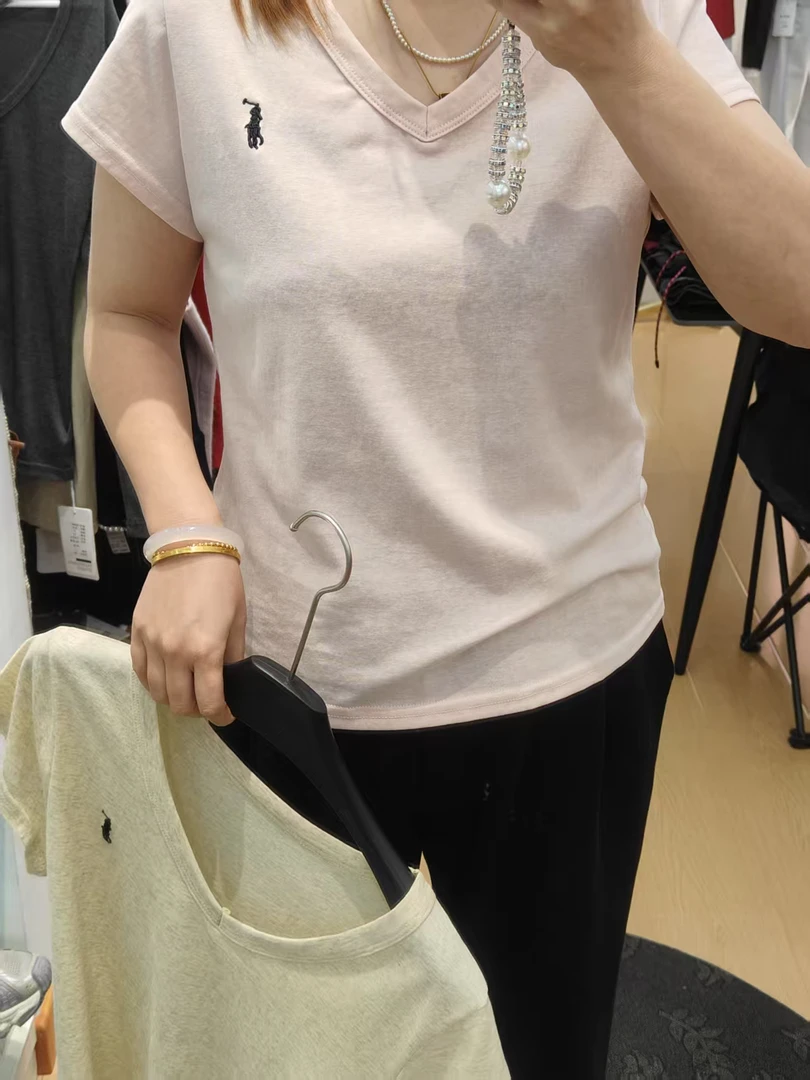 雪花棉刺绣V领短袖T恤女纯色透气基础百搭上衣夏季