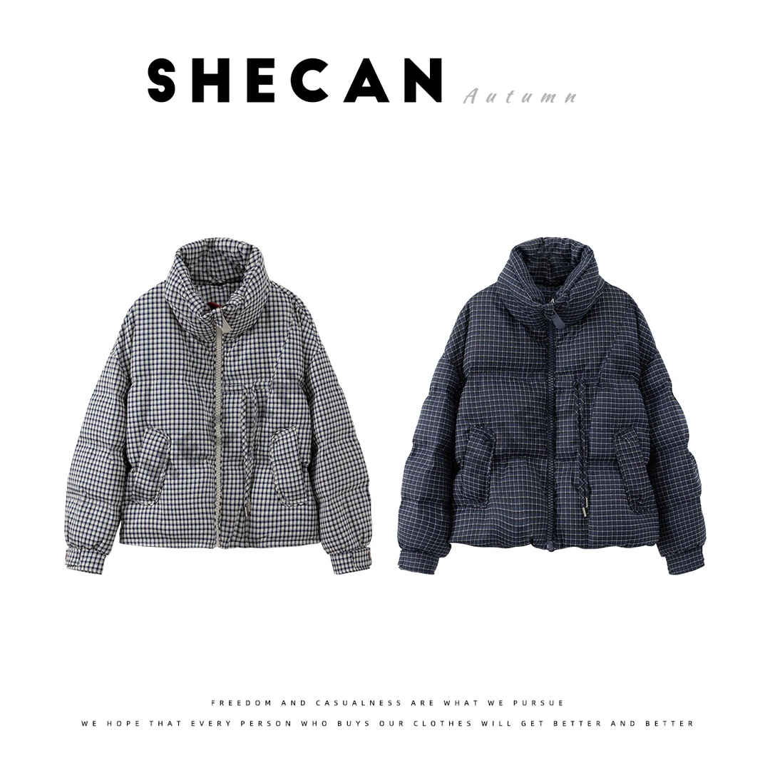 SHECAN【面包服】秋冬经典千鸟格横纹绗缝90白鸭绒羽绒服5QC407