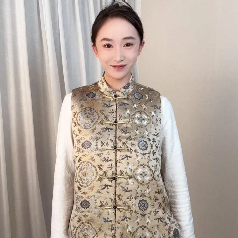 【鹤鹿同春-棉】2024新款新中式国风织金宋锦马甲QQ-16