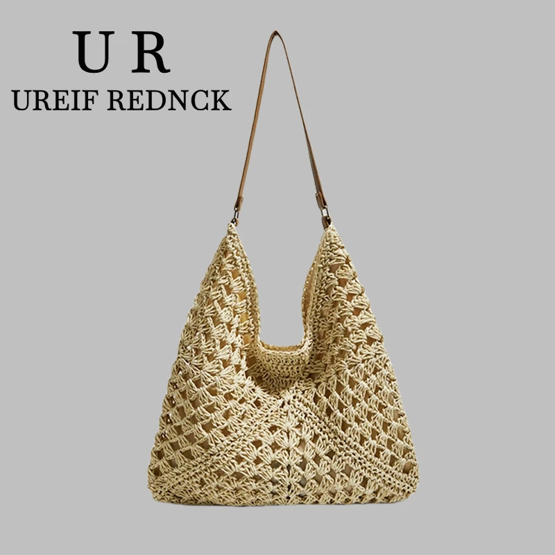 UREIF REDNCK网红编织托特包2025百搭休闲单肩包镂空腋下草编包女