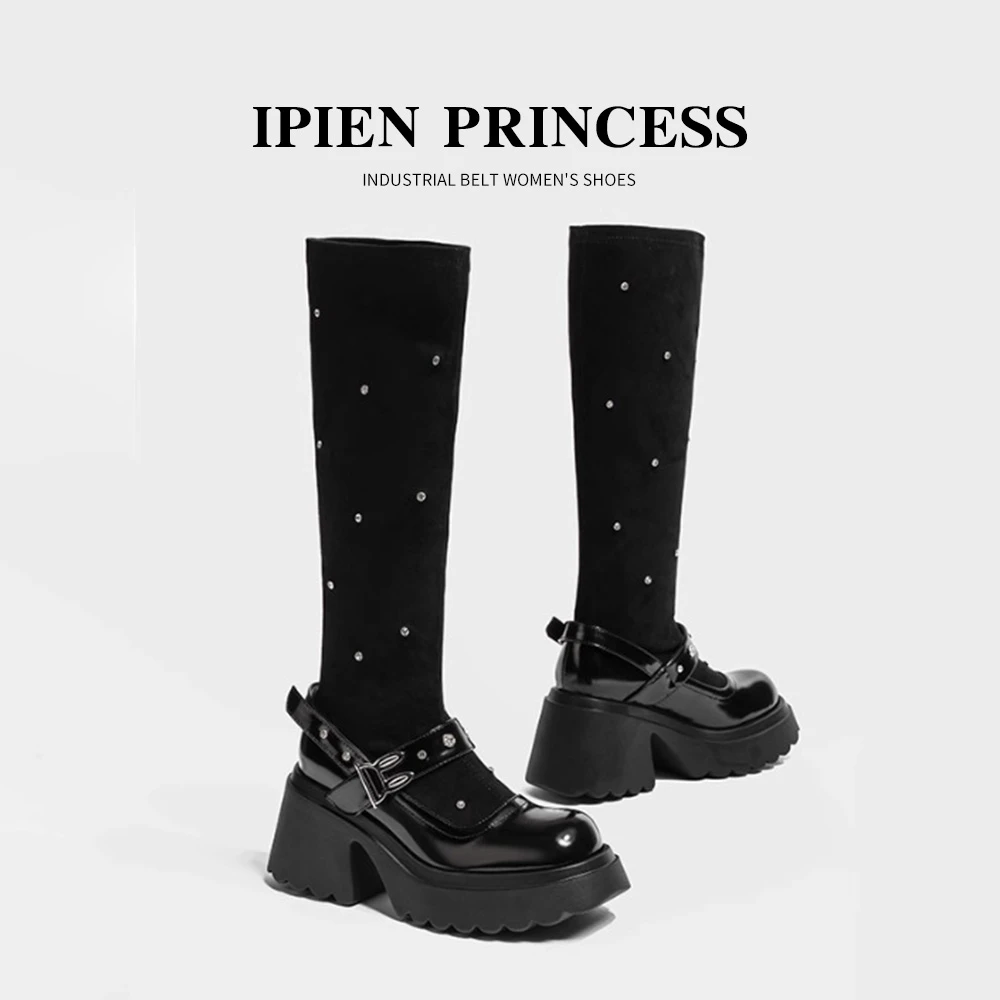 水钻玛丽珍高筒靴女2025秋季新款黑色长筒袜靴厚底日系百搭弹力靴