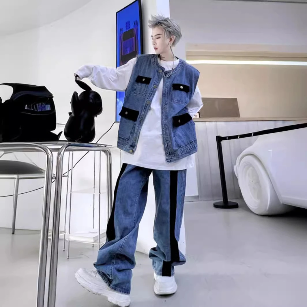 小众炸街男装这牛仔马甲长裤套装搭配设计感痞帅复古时尚两件套潮