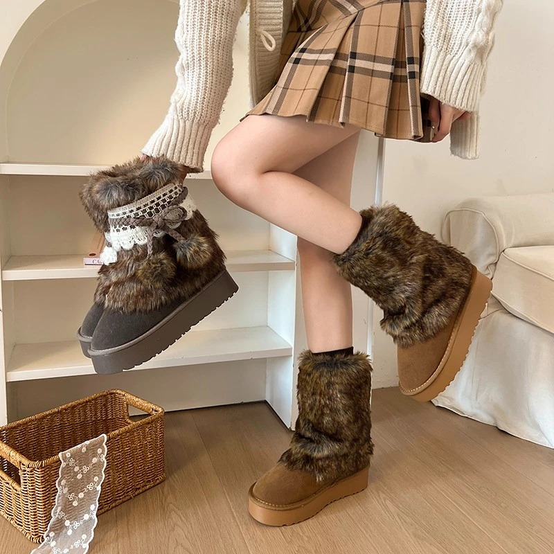 OJRZ复古风蕾丝花边厚底增高雪地靴女2025冬季新款加绒短靴时装靴