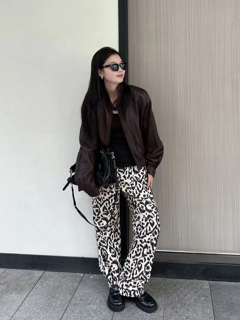 ethor 2025秋冬新品 松紧腰抽绳豹纹休闲长裤（折扣款no退no换）