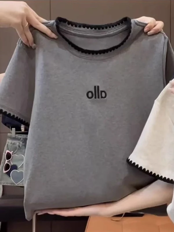 韩版字母短袖t恤设计感夏季正肩拼接休闲洋气流行短款上衣6262