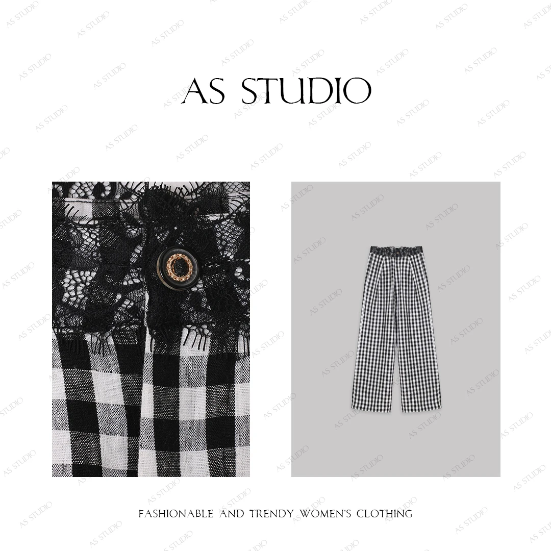 【AS又见】铭顺25拼接蕾丝松紧腰头格纹麻休闲亚麻长裤AS25CKZ4475
