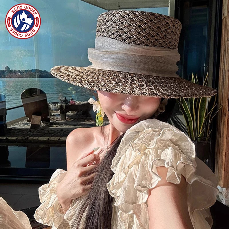 RUDY GOOSE老钱风镂空平顶度假编织草帽女夏季法式海边沙滩遮阳帽