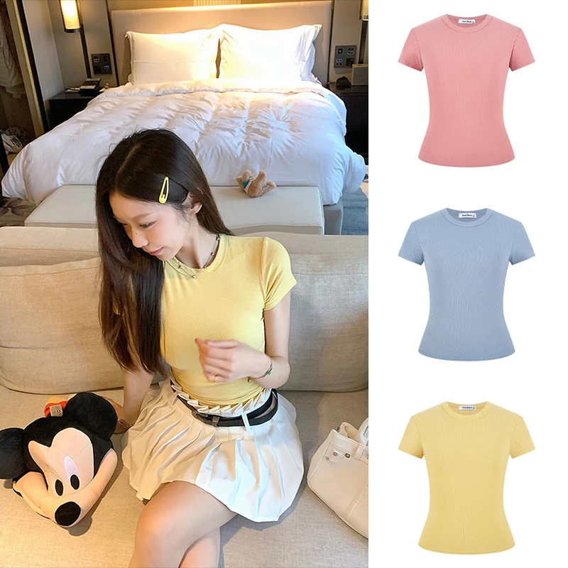 Moses Queen/魔西女王显身材掐腰正肩t恤女夏季修身显瘦圆领上衣