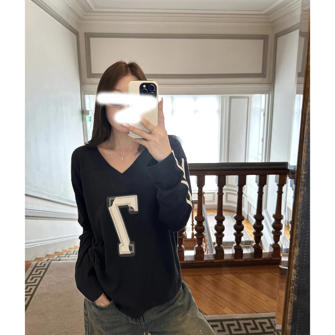 美式复古球衣感长袖T恤内搭V领休闲宽松时尚上衣打底衫女秋冬