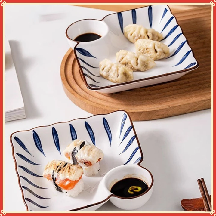 饺子盘子带醋碟家用陶瓷碟子餐具装虾盘薯条分格盘水饺专用盘E