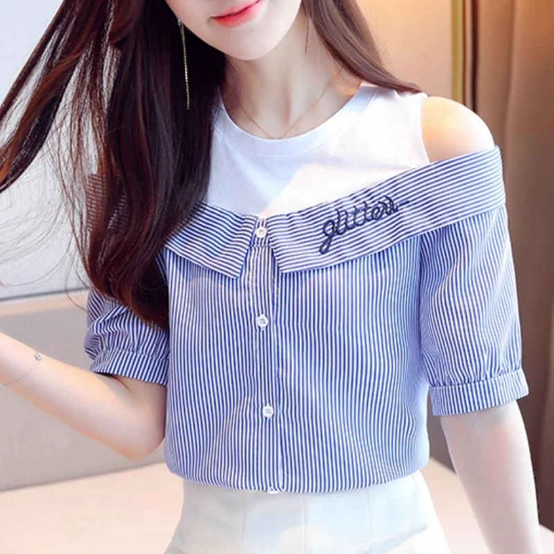 露肩衬衫女假两件2025夏季新款条纹背心上衣短袖休闲字母刺绣小衫