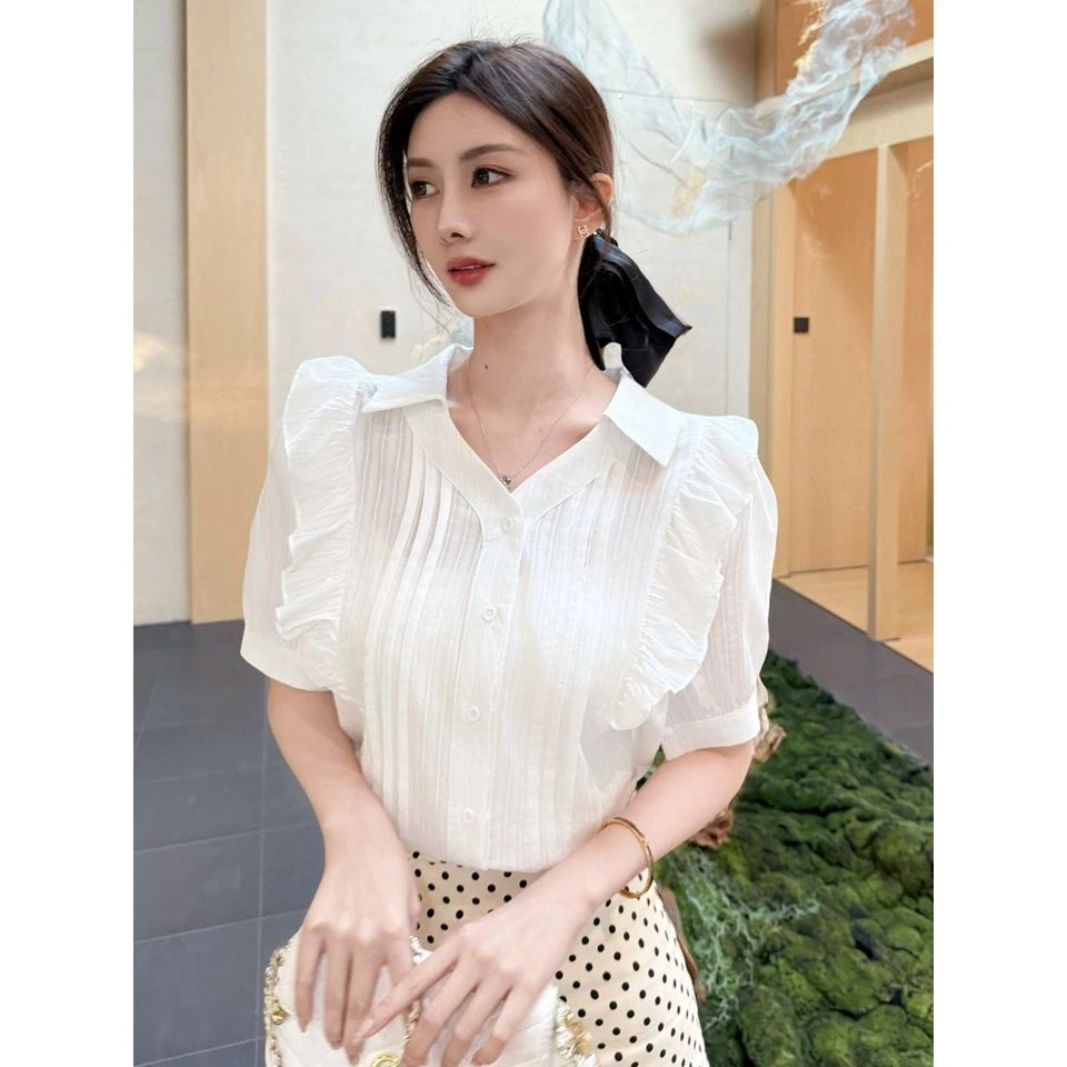 法式荷叶边短袖衬衫女夏季2025新款设计感减龄洋气小衫泡泡袖衬衣