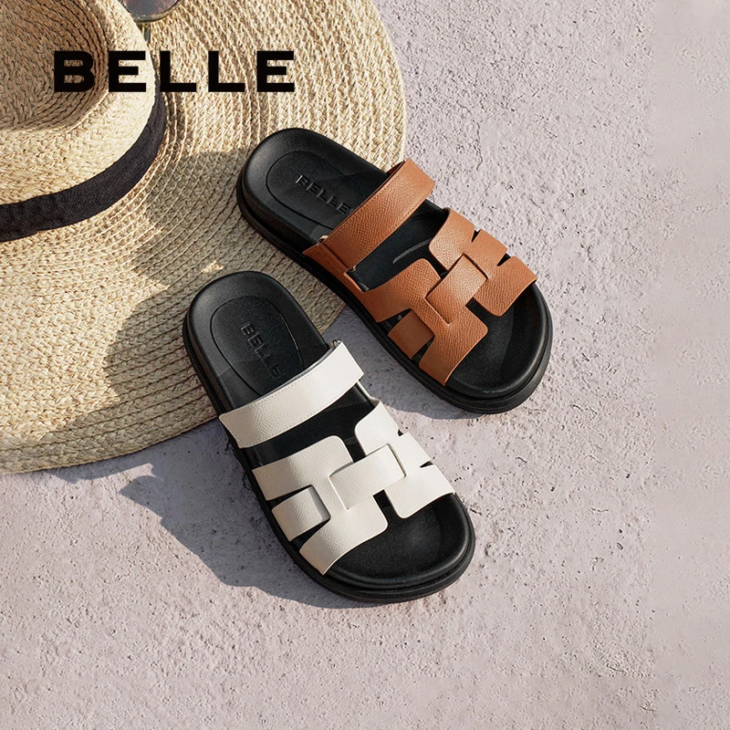 百丽编织感一字拖鞋女2025夏新商场同款清凉真皮休闲拖鞋3V632BT5