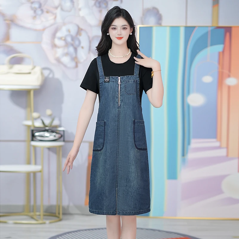 夏季新款背带牛仔裙时尚百搭拼接假两件拼色牛仔连衣裙显瘦裙子女