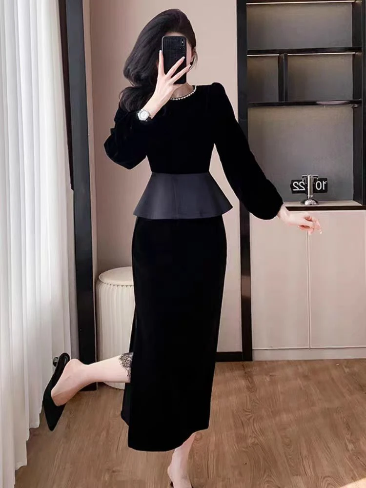 法式丝绒上衣裙子两件套秋冬季女修身气质2025新款时尚套装T333