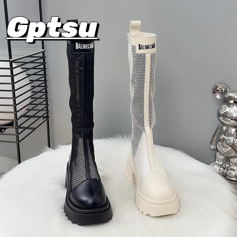 GPTSu夏季靴子女新款凉靴高跟薄款长靴网面小个子不过膝长筒靴女