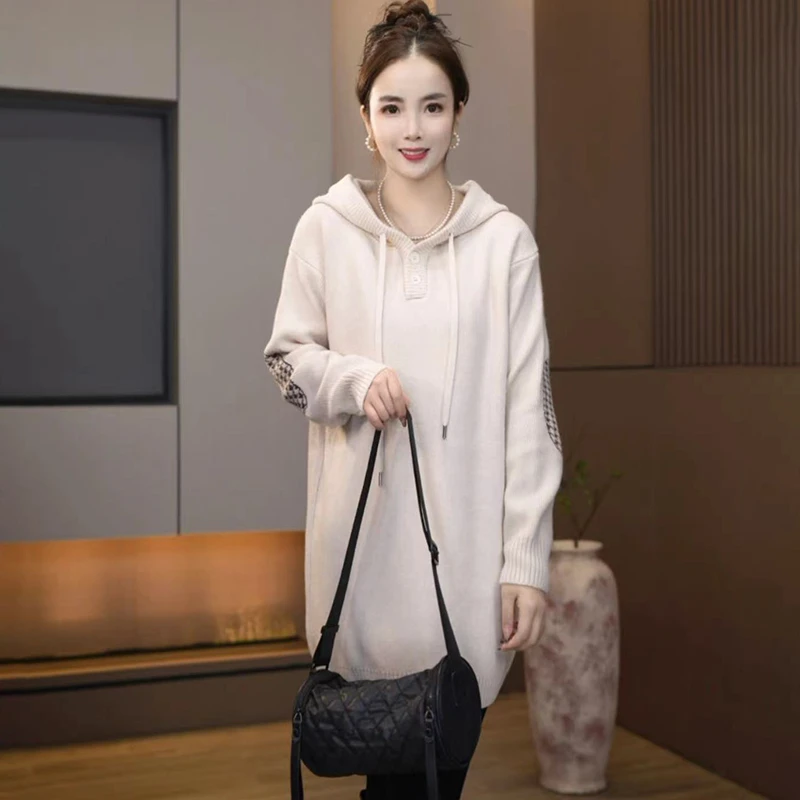 A-211230秋冬新款欧货针织宽松连帽中长款慵懒毛衣外搭女装