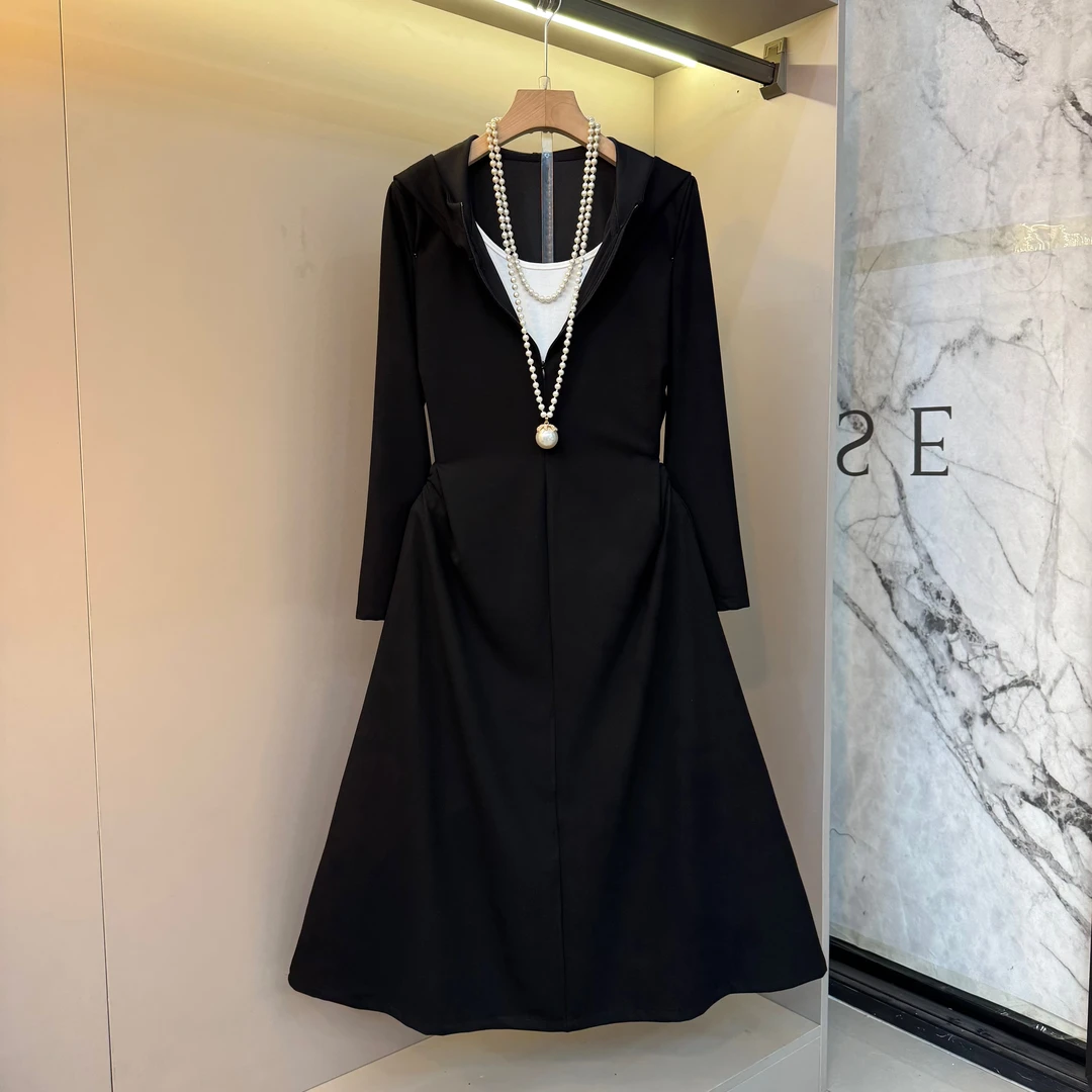 时尚洋气秋季新款胖MM假俩件拼接设计感连帽2025显瘦连衣裙4530