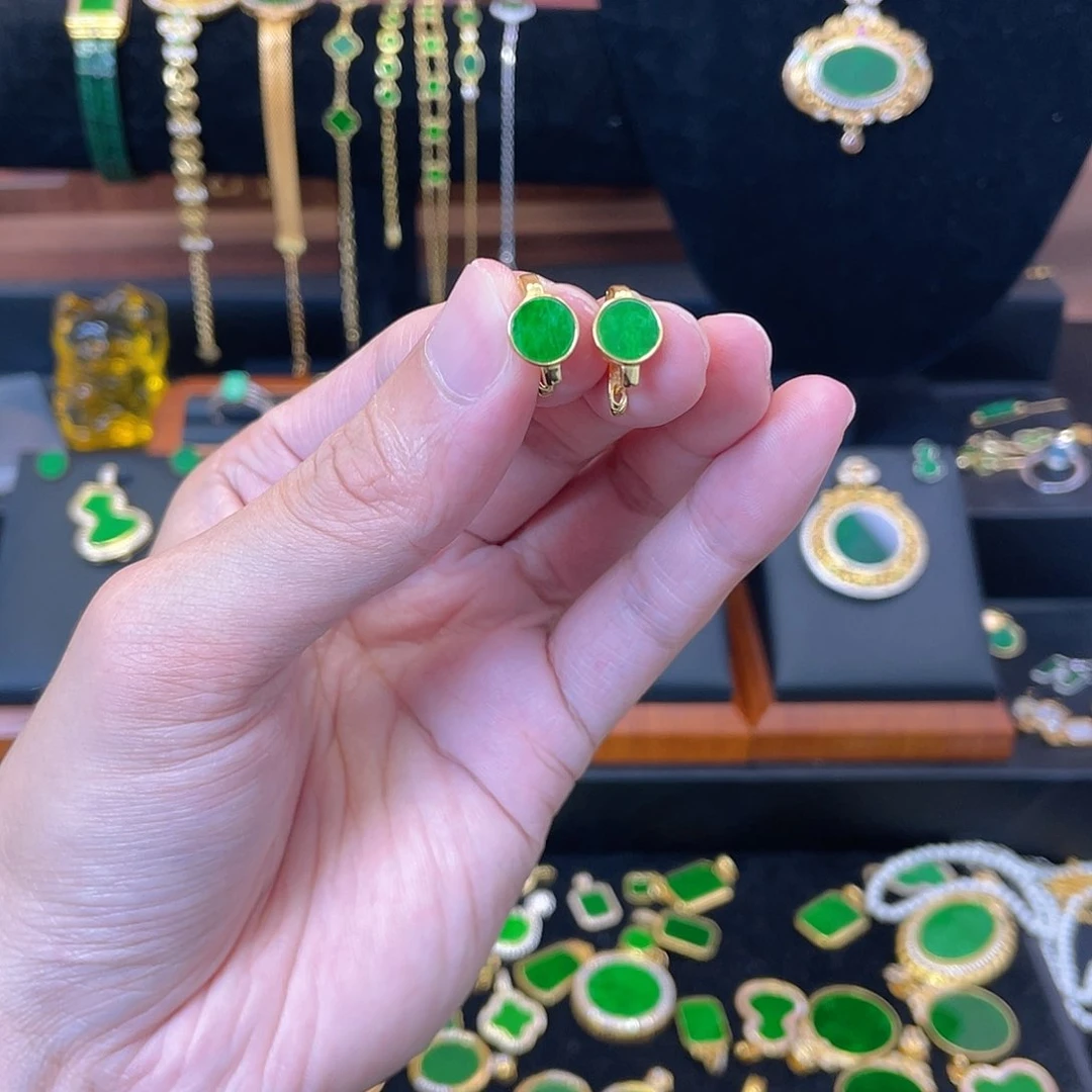 银S925镀金镶嵌翡翠耳饰耳包