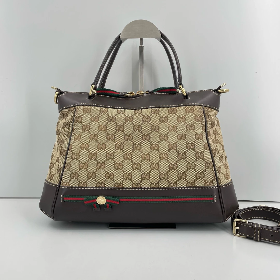 95新 GUCCI/古驰 优选/老花帆布拼皮手提包/35×25×12/Z092415