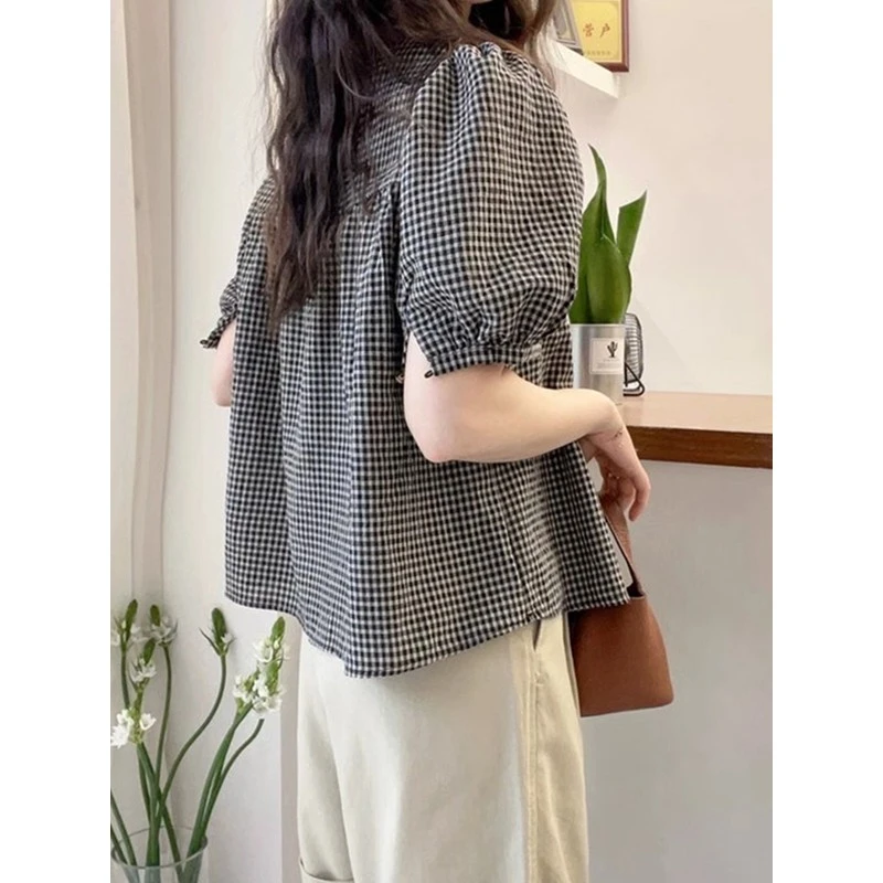 格子短袖衬衫女夏款别致绝美法式高级感轻熟小众泡泡袖娃娃衫上衣