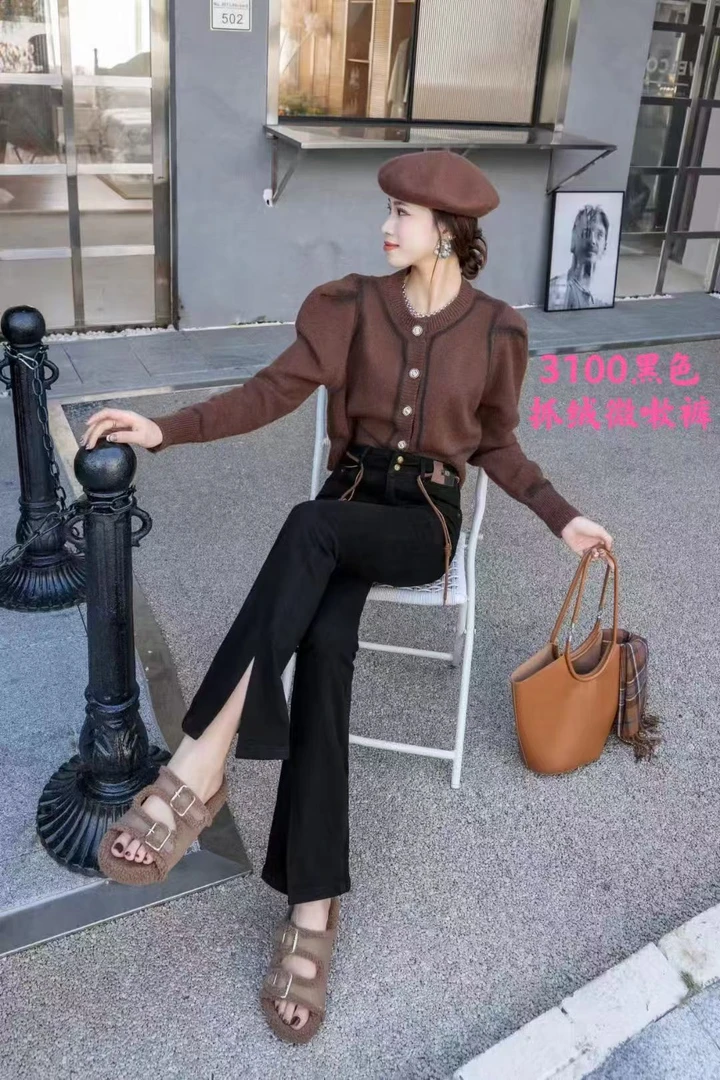 秋冬时尚高腰抓绒微辣牛仔休闲百搭显瘦韩版