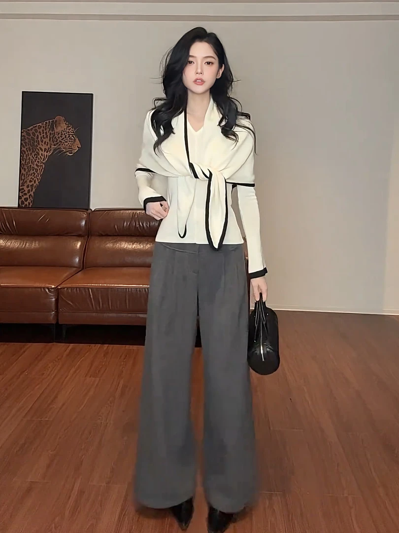 2025秋季新款韩系穿搭修身打底衫气质披肩休闲阔腿裤时尚三件套女
