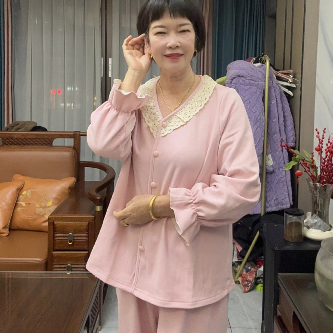 5025绵羊绒保暖加厚长袖睡衣女秋冬宽松可外穿家居服长袖长裤套装