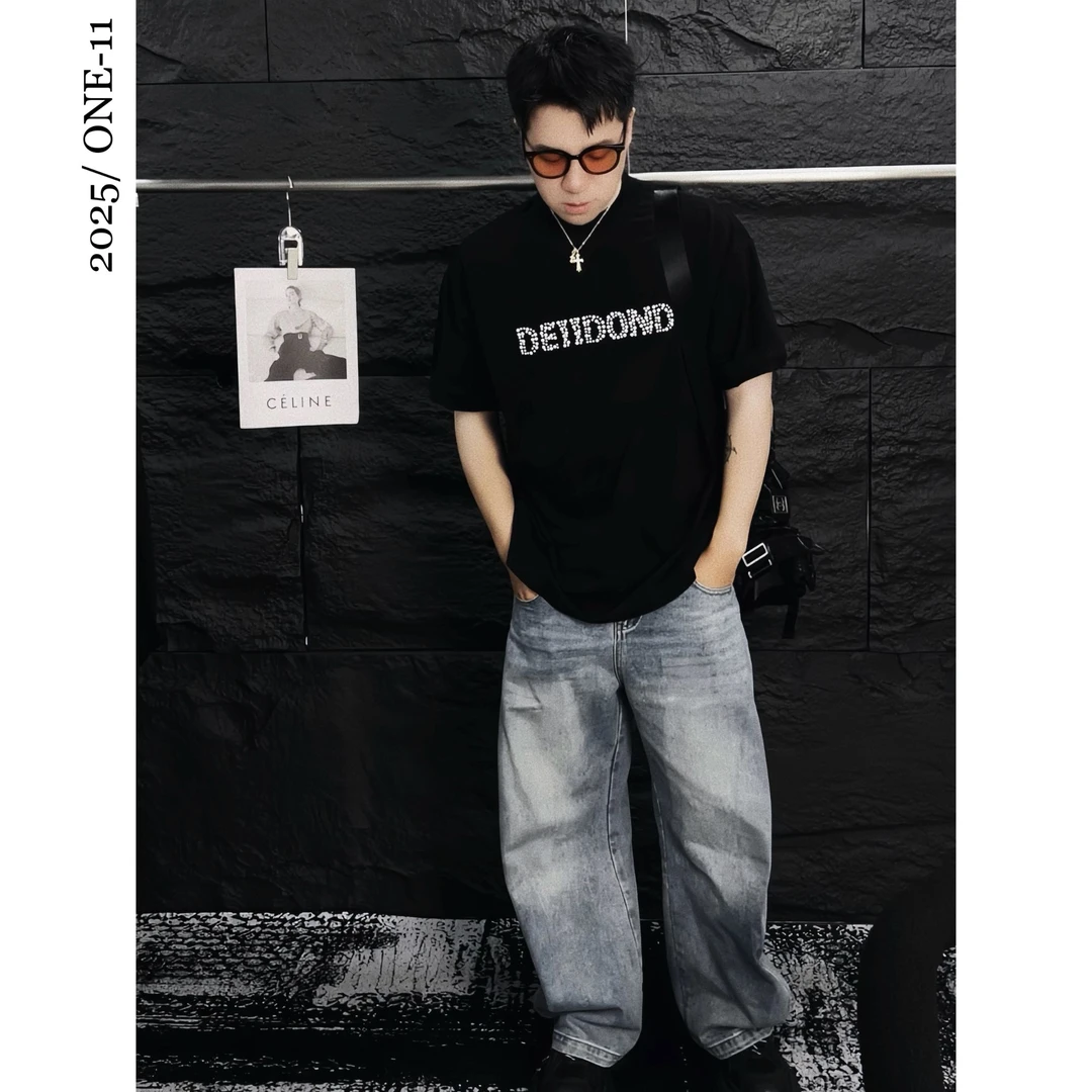 重磅小领口宽松版型潮夏季珍珠字母烫钻男女短袖半袖百搭休闲T恤