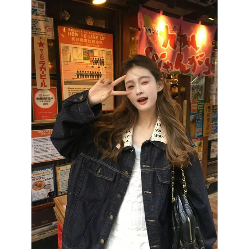 复古蕾丝领拼接牛仔外套女爆款韩系宽松百搭休闲夹克上衣潮春秋季