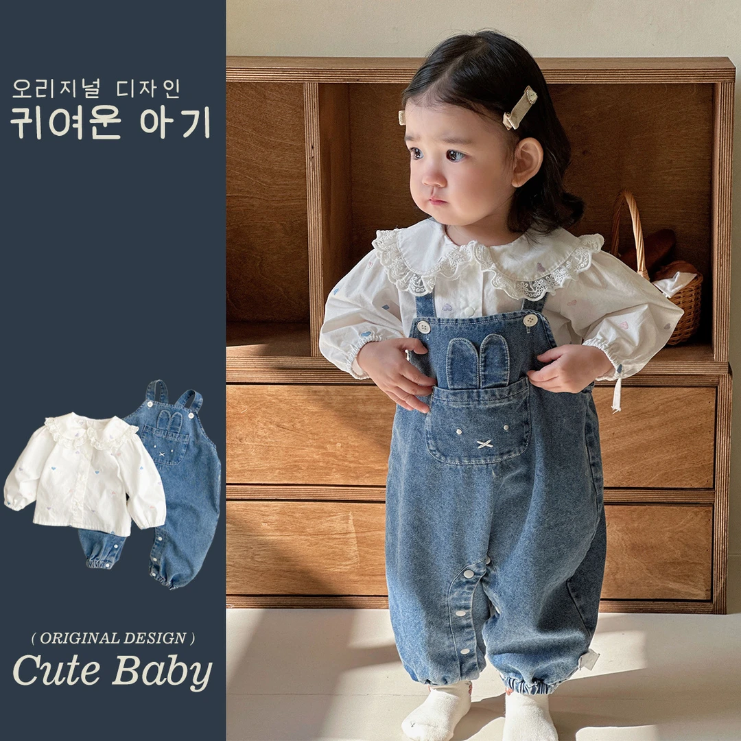 韩式童装2025年新款春季女宝宝1-3岁ins洋气荷叶边牛仔背带裤套装