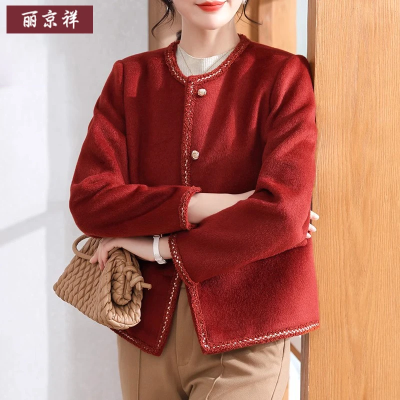 妈妈春装红色小香风毛呢外套2025新款中老年女气质本命年呢子衣服