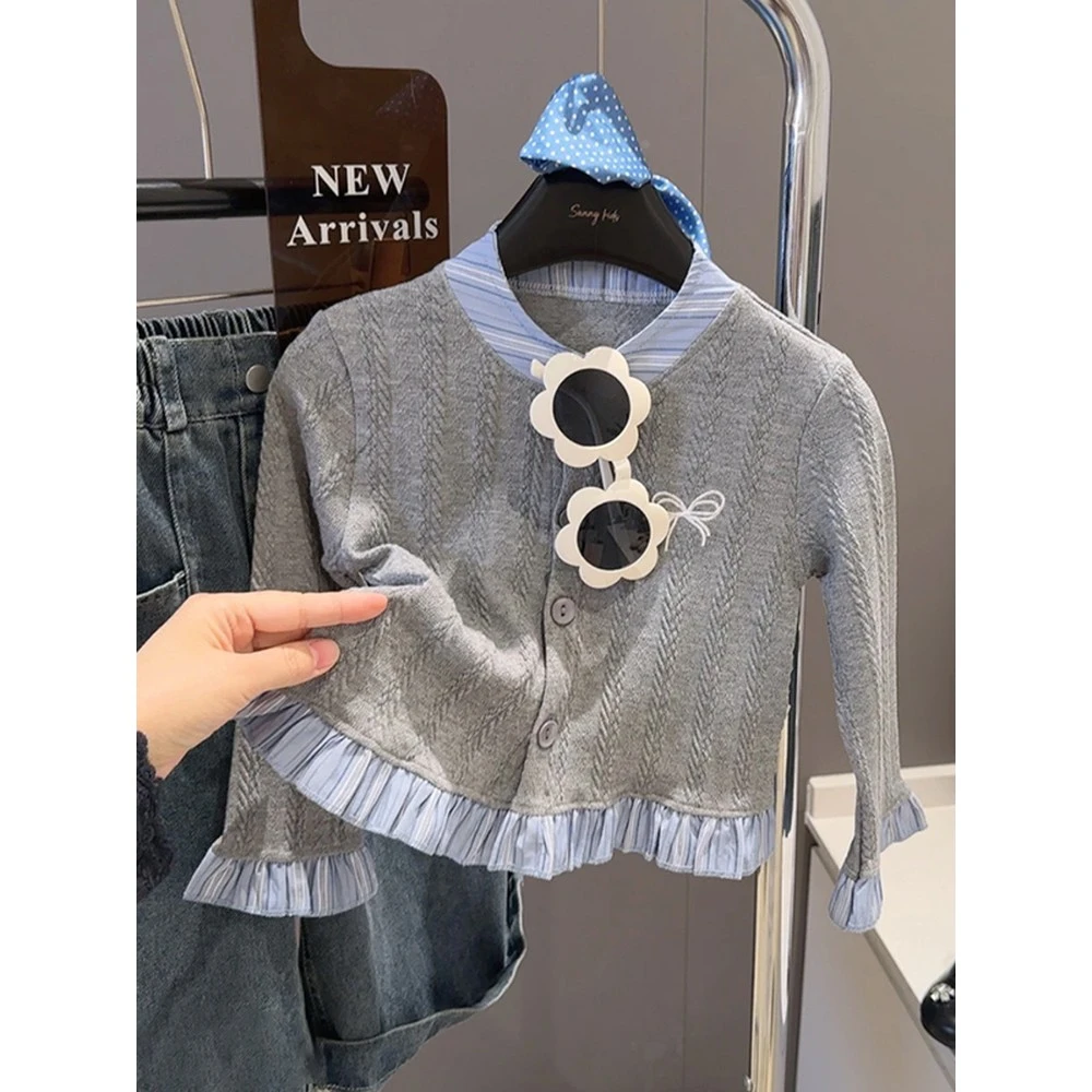 女童2025秋季学院风灰色针织开衫女孩甜美洋气条纹拼接蝴蝶结上衣